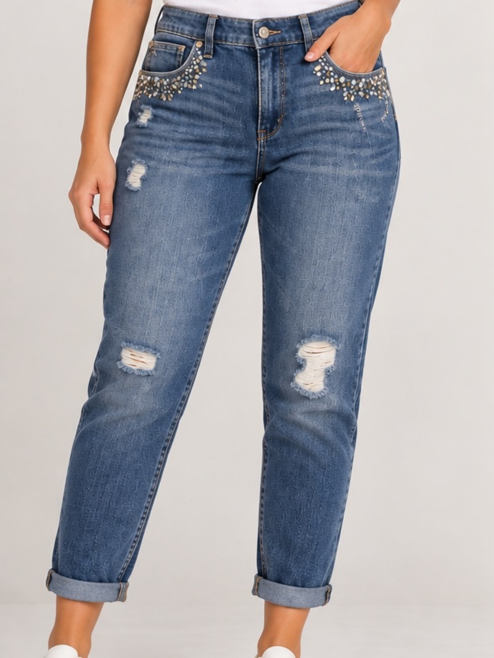 White House Black Market Distressed Blue Boyfriend Jeans with Stud Accents